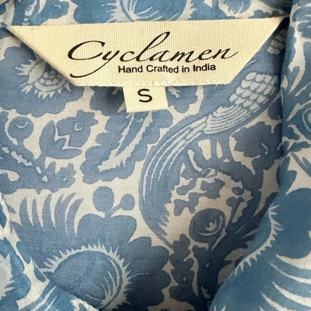 Cyclamen Jaipur Block Print Cotton Midi Dress Blue Peacock Prairie Cottagecore S